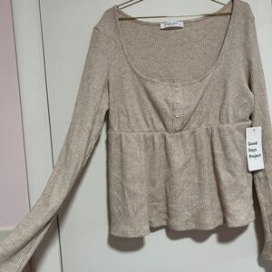 Beige Ribbed Women's Top long sleeve babydoll tee fairy boho loungewear